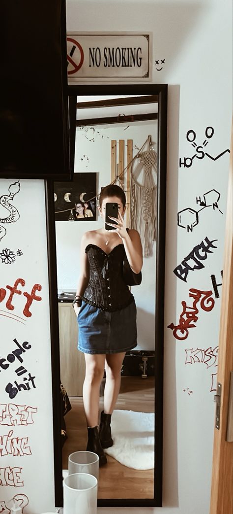 Black goth corset & old blue jean skirt Blue Jeans Goth Outfit, Jeans Goth Outfit, Jean Skirt Outfit, Jean Skirt Outfits, Goth Outfit, Blue Jean Skirt, Goth Corset, Black Goth, Skirt Outfit