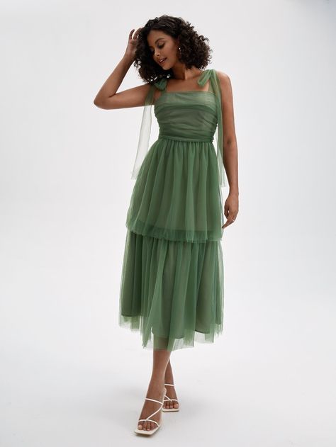 Green Party Collar Sleeveless Mesh Fabric Plain Cami Embellished Non-Stretch  Women Dresses Green Tulle Dress, Forest Green Bridesmaid Dresses, Moda Shein, Tulle Formal Dress, Sage Green Bridesmaid Dress, Gamine Style, Soft Gamine, Green Tulle, Guest Attire