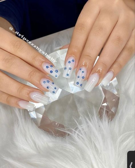 White French Tip Nails With Evil Eye, Evil Eye Square Nails, Chrome Evil Eye Nails, Light Blue Evil Eye Nails, White Nails With Evil Eye, White Evil Eye Nails, Evil Eye Acrylic Nails, Pink Evil Eye Nails, Turkish Eye Nails