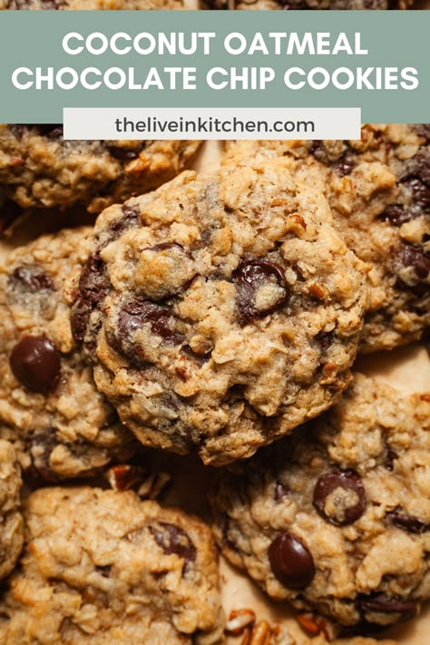 Coconut oatmeal chocolate chip cookies are sweet, chewy, and full of texture! Your favorite oatmeal chocolate chip cookie gets an upgrade with plenty of sweetened, shredded coconut. Instant Oatmeal Cookies, Chocolate Chip Coconut Cookies, Vegetarian Dessert Recipes, Butter Crunch Cookies, Coconut Oatmeal Cookies, Kid Friendly Vegetarian Recipes, Oat Chocolate Chip Cookies, Walnut Cookie Recipes, Healthy Chocolate Cookies