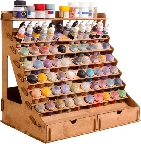 Paint Organizer, Citadel Paint, Craft Paint Storage, Paint Rack, Paint Organization, Vallejo Paint, Paint Brush Holders, Wooden Organizer, Apple Barrel