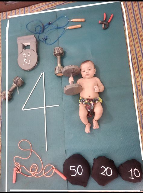 Gym theme baby photoshoot Monthly Photoshoot, Workout Photoshoot, Gym Photoshoot, Baby Milestone Photos, Milestone Photos, Monthly Baby Photos, Baby Workout, Monthly Baby, Baby Shoot