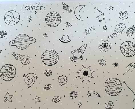 Here is a A4 page of space designs I created using fine liners and plain paper. These will also be a design available to purchase when I launch at the end of May 2020. #drawing #space #spaceart #doodlepage #doodleart #fineliners #lineart #planets #stars #nebula #rockets #spaceships #universe #galaxy #designing Space Aesthetic Art Drawing, Space Theme Doodles, Universe Doodle Art, Space Line Drawing, Space Doodles Aesthetic, Cute Space Doodles, Outer Space Doodles, Space Drawings Easy, Toy Room Wall Decor