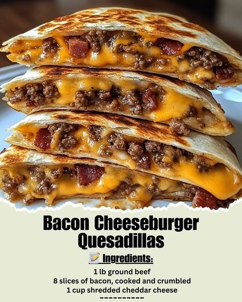 Time of Recipes | 🥓 Bacon Cheeseburger Quesadillas - you have to try this delicious twist | Facebook Bacon Cheeseburger Quesadilla, Kid Friendly Meals For Picky Eaters, Cheese Burger Quesadilla, Bbq Quesadilla, Recipes Quesadillas, Cheeseburger Quesadillas, Cheeseburger Quesadilla, Bacon Cheese Burger, Homemade Lunch