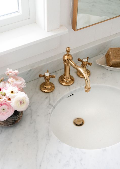 Black And White Bathroom Brass Fixtures, Powder Room Brass Fixtures, Bathroom Lighting Over Mirror Double Sinks Sconces, Vintage Faucets Bathroom, Bathroom Fixtures 2023, Phylrich Faucet, White Bathroom Gold Fixtures, Gold Fixtures Bathroom, Antique Brass Bathroom Fixtures