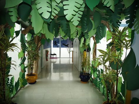 Jungle Ceiling Decorations, Rainforest Hallway Decorations, School Hallway Ceiling Decorations, Jungle Theme Hallway, Jumanji Decorations, Jungle Hallway, Rainforest Decorations, Zoo Decorations, Treasured Vbs