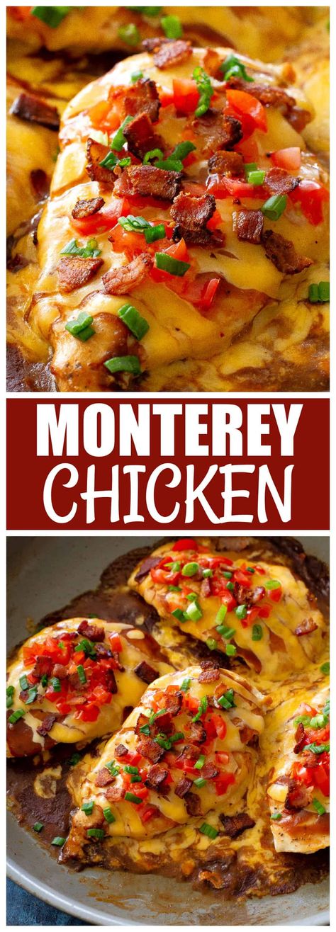 Monterey Chicken - topped with bbq sauce, bacon, and green onions. Has so much flavor and is such an easy dinner. #grilled #monterey #chicken #dinner #recipe #bacon #cheese Cheese Bacon Chicken, Chicken Bacon Grilled Cheese, Bbq Chicken With Bacon And Cheese, Chicken Bacon Ranch Grilled Cheese, Cheesy Provolone Baked Chicken, Chili's Monterey Chicken Recipe, Monterey Chicken, Bbq Sauce Chicken, Slow Cooker Chili