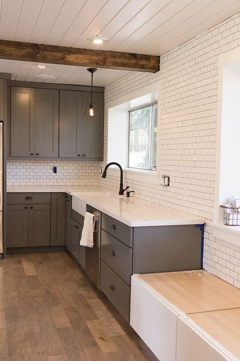 Kitchen Chronicles: A DIY Subway Tile Backsplash, Part 1 - Jenna Sue Design Shiplap Ceilings, Planked Ceiling, Rustic Beams, Tiled Wall, Shiplap Ceiling, Plank Ceiling, Jenna Sue, Laundry Cabinets, Wood Beam