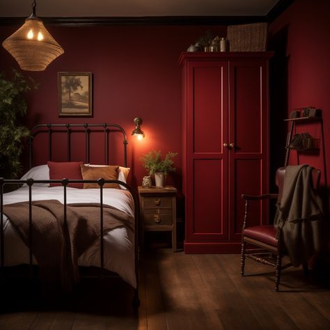 Wall Color Inspo Bedroom, Deep Red Bedroom Ideas, Red And Brown Bedroom, Wine Red Bedroom, Dark Red Bedroom Ideas, Dark Red Bedroom, Bedroom Burgundy, Red Kids Rooms, Slanted Ceiling Bedroom