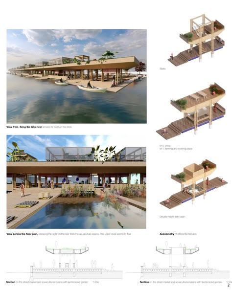 Fish Market Architecture Design, Wet And Dry Market Architecture, Floating Market Architecture, Floating Building Architecture, Island Architecture Concept, Urban Market Architecture, Waterfront Architecture Concept, Port Design Architecture, Aquaculture Architecture