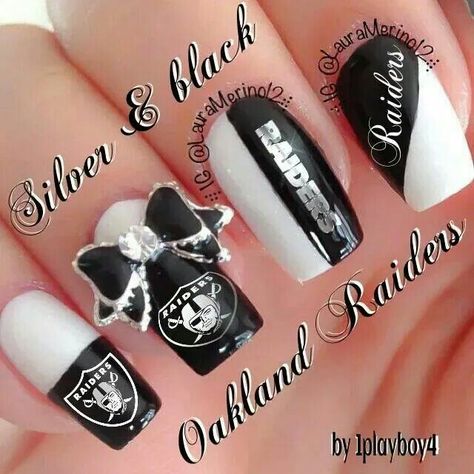 Go Raiders Raiders Nails Designs, Raider Nails, Raiders Wedding, Raiders Nails, Football Raiders, Football Nail Art, Nail Inspired, Oakland Raiders Fans, Sports Nails