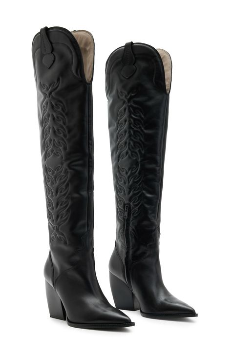 Black Knee High Cowboy Boots, Emo Boots, Texas Two Step, Knee High Cowboy Boots, Black Leather Cowboy Boots, Cowboy Stuff, Two Step, Cuban Heels, Western Boots Women