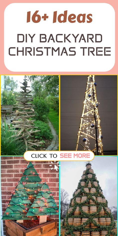 Get inspired to think outside the box this holiday season with our creative DIY backyard Christmas tree ideas. Transform your outdoor space with unconventional materials like recycled pallets or old ladders, and whimsical themes such as a tree made of stacked books or driftwood branches. Embrace the unexpected and infuse some whimsy into your holiday decor for a completely unique festive experience. Let your creativity shine and make your celebrations one-of-a-kind this year! Wine Bottle Christmas Tree, Backyard Christmas, Repurposed Pallets, Wooden Christmas Trees Diy, Ladder Christmas Tree, Tomato Cage Christmas Tree, Driftwood Christmas Tree, Christmas Garden Decorations, Stacked Books