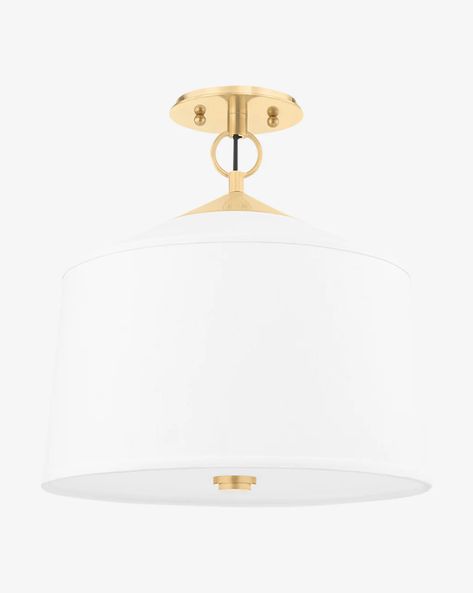 With an unmistakable silhouette, the White Plains Semi-Flush brings new light to classic designs. A frame of aged-brass metalwork complements a dramatic drum shade, which is topped with a beautiful conical finial. Its enclosed shade diffuses the light in a soft glow, creating an ambience in your space that is endearing Rock Hill, Glass Installation, Ceiling Lights Living Room, Mcgee & Co, White Plains, Indoor Air Pollution, Flush Ceiling Lights, Pop Up Shops, Custom Upholstery