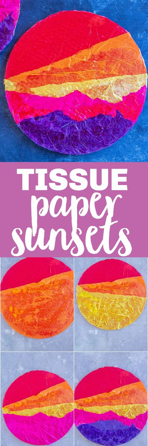 Preschool Mountain Crafts, Sunset Craft Preschool, Tissue Paper Art For Kids, September Crafts For Adults, Simple Crafts For Kids Easy, Tissue Paper Crafts For Kids, Sunset Craft, Flowers Diy Easy, August Crafts