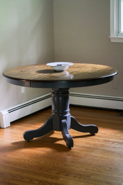 Painted Oak Table, Benjamin Moore Advance Paint, Round Oak Dining Table, Round Wood Dining Table, Expandable Dining Table, Gray Paint, Abandoned House, Table Makeover, House Doors