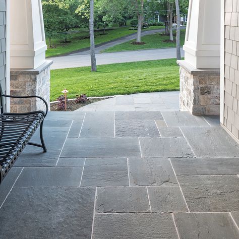 Exterior Home Walkways, Blue Stone Porch Floor, Blue Stone Walkway Bluestone Pavers, Front Porch Stone Floor, Slate Patio Flagstone, Porch Stone Ideas, Blue Stone Pool Decking, Blue Slate Patio, Bluestone Porcelain Pavers