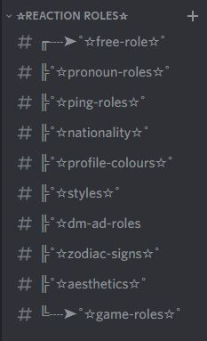 for reaction roles i recommend using the bot "reaction roles" its really simple to use :D symbols template: ╓┈➤˚☆text☆˚ ╠˚☆text☆˚ ╚┈➤˚☆text☆˚ Our server: https://discord.gg/edB6vAAm8j Aesthetic Discord Server Pfp, Server Name Ideas Discord, Discord Server Role Ideas, Discord Server Roles Ideas, Discord Aesthetic, Cool Text Symbols, Tarot Card Tattoo, Template Text, Discord Channels