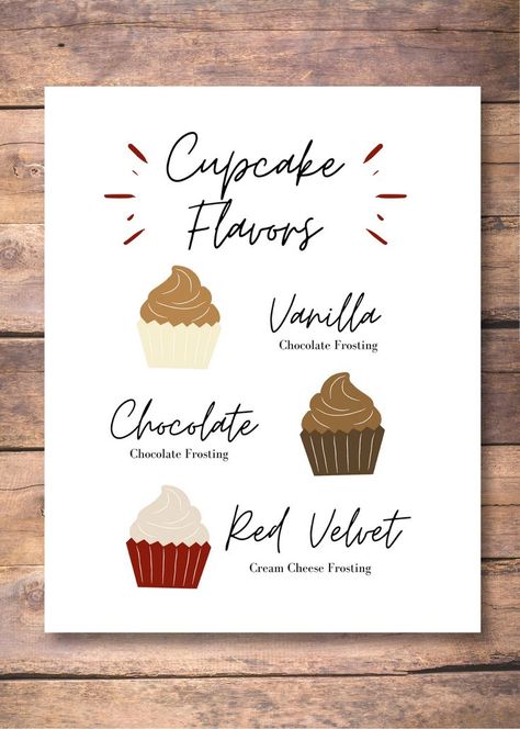 Customize your own Cupcake Flavor Wedding Sign. This download will provide a link to Canva.com where you will be able to change the text to fit your wedding needs. Download instructions are provided so you can upload your design to an external printing service (Staples, etc). Please note that when ordering the poster, the size is 8"x10". Wedding Cupcake Display, Cupcake Signs, Cupcake Table, Wedding Graphics, Sign For Wedding, Velvet Cream, Wedding Needs, Cupcake Display, Cupcake Flavors