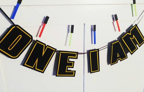 Highchair Birthday Banner, Mandalorian Birthday, Highchair Birthday, Star Wars Theme Birthday, Star Wars Themed Birthday Party, Birthday Star Wars, Baby Jedi, Lil Doodles, Star Wars Baby Shower