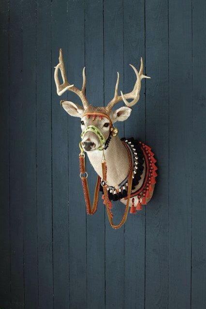 Country Living Deer Head Decor Christmas, Dear Head Decor, Decorating With Deer Mounts, Deer Mount Decor, Deer Mount Ideas, Deer Decorations, Christmas Deer Decorations, Deer Head Decor, Taxidermy Deer