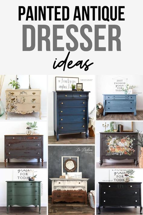 Painted Antique Dresser Ideas Painted Dressers Before And After, Antique Dresser With Mirror Makeover, Dresser With Mirror Makeover, Repainted Dresser Ideas, Refinished Antique Dresser, Grey Painted Dresser, Painted Dresser Ideas, Dresser Decor Ideas, Painted Antique Dresser