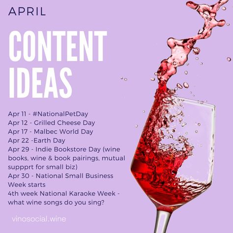 Are you in need of fresh social media content for your wine business? Here are some engaging ideas for April. Planning ahead ultimately saves time and results in better quality posts. Wine Content, National Small Business Week, Small Business Week, Wine Business, Social Media Content Ideas, Indie Bookstore, Wine Book, National Pet Day, World Days