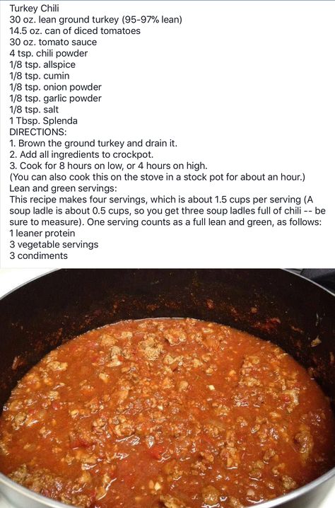 Turkey Chili Medifast Recipes, Optavia Lean And Green, Lean Protein Meals, Lean And Green, Lean Meals, Lean And Green Meals, Turkey Chili, Bariatric Recipes, Lean Protein