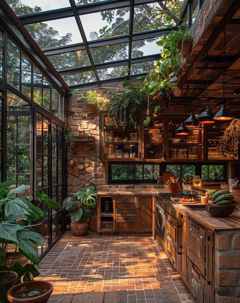 Kitchen Full Of Plants, Green House Interior Ideas, Kitchen Astethic, Kitchen Greenhouse, Green Kitchen Ideas, Greenhouse Kitchen, Rustic Home Design, Sunrooms, Dream House Rooms