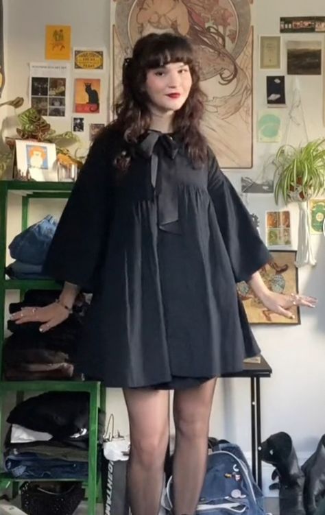 Goth Babydoll Dress, Babydoll Black Dress, Dress Alternative Outfit, Light Goth Aesthetic, Black Babydoll Dress Outfit, Girlhood Core Aesthetic, Gothic 60s, Babydoll Dress Aesthetic, Diy Babydoll Dress