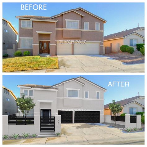 90's stucco desert Las Vegas house modern facelift render before & after by Uncommon Pixels. Stucco House Colors, White Stucco House, Vegas House, Stucco House, 90s House, Stucco Colors, House Makeovers, Stucco Homes, Home Exterior Makeover