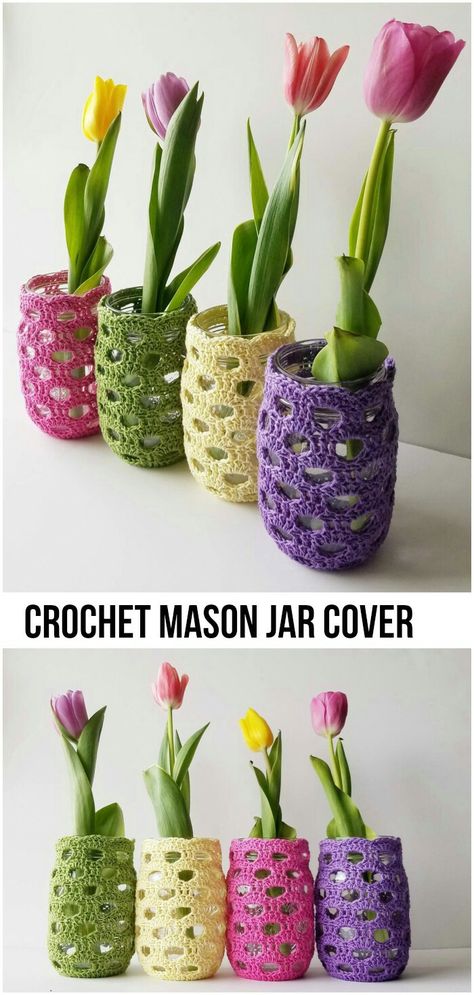 Basket Decoration Ideas, Crochet Mason Jar, Crochet Jar Covers, Mason Jar Cozy, Confection Au Crochet, Wine Bottle Diy Crafts, Mason Jar Crafts Diy, Crochet Kitchen, Crochet Simple