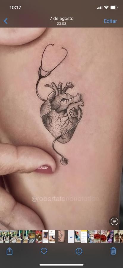 Heart And Stethoscope Tattoo, Stethoscope Tattoo Design, Stethoscope Heart Tattoo, Healthcare Tattoos For Women, Doctor Tattoo Ideas, Healthcare Tattoo, Nursing Tattoos, Nurse Tattoo Ideas, Stethoscope Tattoo