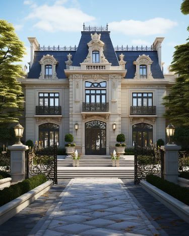 Modern Chateau House, French Chateau Exterior, Modern French Chateau, French Mansion, Castle House Design, Mansion Exterior, Classic House Exterior, Classic House Design, French Style Homes