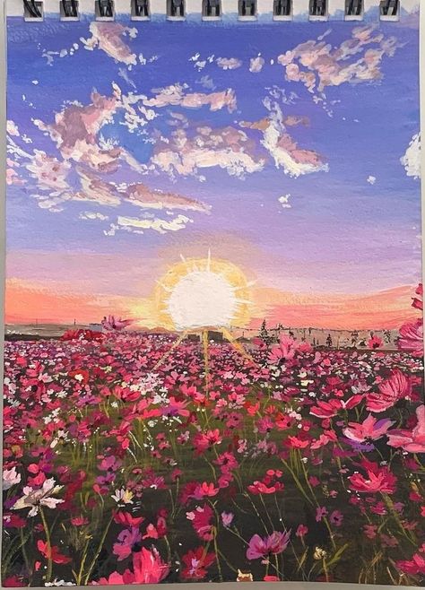 Himi Paint Ideas, Acrilic Paintings Flower, Paintings Acrylic Aesthetic, Gouache Art Landscape, Himi Gouache Art, Aesthetic Gouache Art, Field Of Flowers Painting, Flower Landscape Painting, Acrylic Painting Inspiration