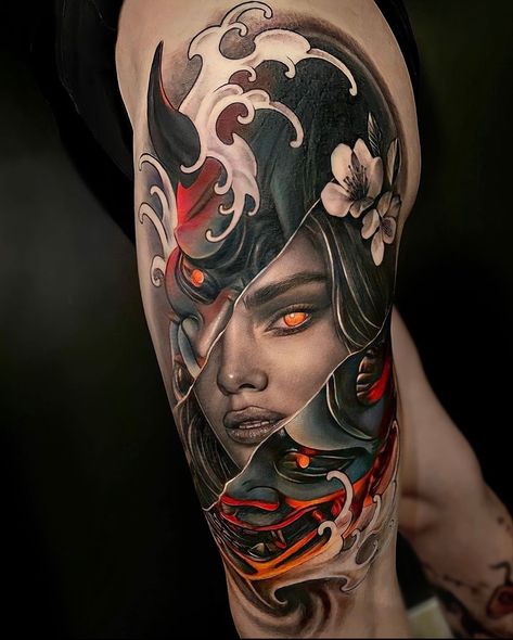 Female Samurai Tattoo, Hannya Maske Tattoo, Tato Irezumi, Tato Geisha, Hannya Maske, Japanese Geisha Tattoo, Japanese Warrior Tattoo, Samurai Tattoo Sleeve, Tato Ikan Koi