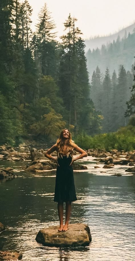 Stream Photoshoot Ideas, Mountain Lake Photoshoot, Senior Pics Waterfall, Creek Picture Ideas, Riverside Photoshoot Ideas, Enchanted Forest Senior Pictures, Senior Picture Ideas River, Sinor Pictures, River Pictures Ideas