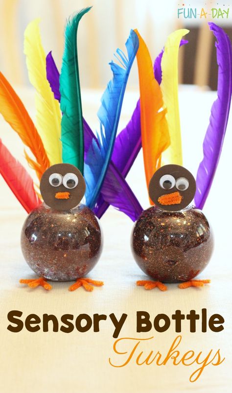 Make a turkey sensory bottle with the kids this Thanksgiving. Sensory bottles are fun to make, and they're perfect calming jars during the holidays. #Thanksgiving #Turkeys #SensoryPlay #SensoryBottles #GlitterJar #CalmDownJar #ThanksgivingActivities #Prechool #PreK #PreschoolActivities #PreschoolTeacher Thanksgiving Activities For Preschoolers, Calming Jars, Thanksgiving Sensory, Turkey Activities, Sensory Jars, Make A Turkey, Turkey Activity, Sensory Bottle, How To Make Turkey