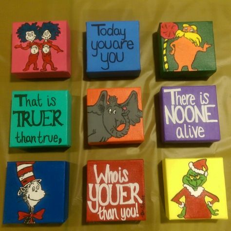 Awesome Dr. Seuss painting i did for a fundraising auction at church. Dr Seuss Canvas Painting, Dr Seuss Painting Ideas, Dr Seuss Painting, Kindergarten Carnival, Classroom Painting, Childrens Ministry Decor, Dr Seuss Nursery, Dr Seuss Classroom, Quotes Shirts