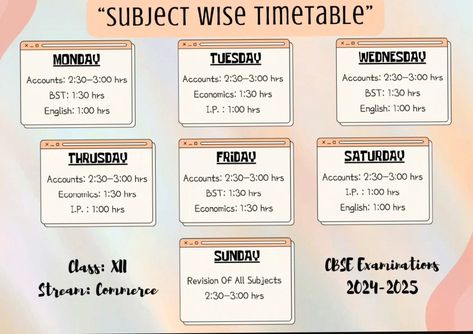 Subject Timetable ✨ plannertemplates #quarterlyplanner☕︎ Class 12 Commerce Study Time Table, Subject Wise Study Planner, Study Timetable Design, Timetable For School Student, Study Timetable Subject Wise, Class 12 Study Time Table, Class 11th Commerce, 12th Class Study Tips, Class 11 Commerce Study Tips