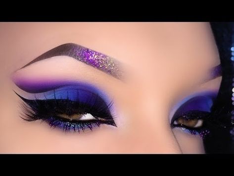 Sexy+Arabic+Spring+Blue+&+Purple+Cut+Crease+Makeup+Tutorial Purple Cut Crease, Best Gel Eyeliner, Glitter Makeup Tutorial, Intense Makeup, Cut Crease Makeup Tutorial, Crease Makeup, Cut Crease Eyeshadow, Cut Crease Eye, Arabic Makeup