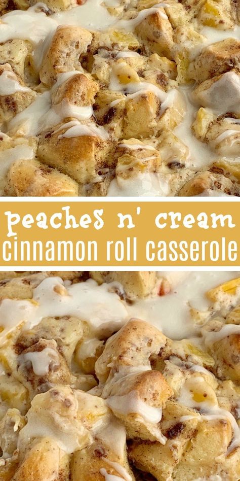 Peaches n' Cream Cinnamon Roll Casserole | Cinnamon Roll Casserole | Breakfast Recipes | Cinnamon Roll Casserole with peaches n' cream. Frozen peaches, cream cheese, powdered sugar, and cinnamon rolls combine to create the best sweet breakfast treat. Only 4 ingredients needed! #breakfastrecipes #casserole #cinnamonrolls #peaches #breakfastcasserole #recipeoftheday Peaches Cinnamon Rolls, Breakfast Recipes With Peaches, Peach Cream Cheese Cinnamon Roll Breakfast Casserole, Peaches And Cream Cinnamon Rolls, Peach Cinnamon Rolls Easy, Peach Breakfast Casserole, Breakfast Peach Recipes, Breakfast With Peaches, Recipes With Frozen Peaches