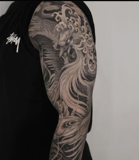 Japanese Style Phoenix Tattoo, Flying Phoenix Tattoo, Most Beautiful Tattoos, Phoenix Tattoo Sleeve, Japanese Phoenix Tattoo, Shoulder Movement, Philippine Mythology, Phönix Tattoo, Dragon Sleeve Tattoos