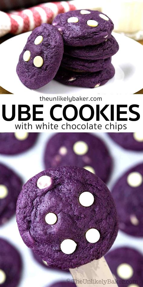 Meet your new favourite ube treat — soft and chewy ube cookies! They’re packed with real ube halaya and studded with white chocolate chips for the ultimate ube dessert. Perfect for Christmas and your holiday cookie tray, or every day! Get the easy to follow, no-fail recipe with step-by-step photos and lots of baking tips for perfect ube cookies every time. Gluten Free Ube Cookies, Packing Cookies For Sale, Filipino Pastries, Ube Cookies, Ube Dessert Recipe, Ube Dessert, Chocolate Desserts Fancy, Cookies Soft And Chewy, Ube Halaya