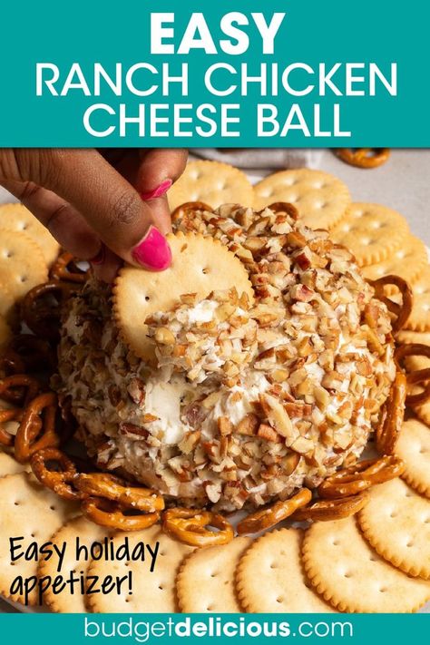 You're going to love this irresistible ranch chicken cheese ball dip! Made with cream cheese, shredded chicken, cheddar cheese, and crispy bacon, this party appetizer is full of flavor. Completed with ranch mix and  chopped pecans this bacon cheese ball is a crowd-pleaser. Whether hosting a holiday gathering, game day party, pool party, graduation party, this bacon ranch cheese ball feeds a crowd. Click for the bacon ranch cheese ball recipe. #recipe #cheeseball #appetizer #dip Chicken Ranch Cheeseball, Chicken Bacon Ranch Cheeseball, Donkey Balls Recipe, Chicken Cheese Ball, Bacon Ranch Cheese Ball Recipe, Bacon Ranch Cheese Ball, Ranch Cheese Ball, Chicken Appetizer, Chicken Appetizer Recipes