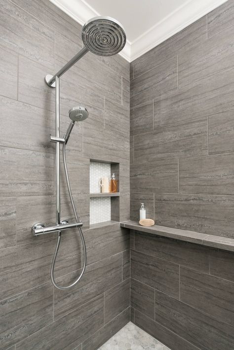 Bathroom Wall Niche, Victorian Transitional, Concrete Bathtub, Porcelain Tile Floor, Walk In Shower Ideas, Toilet And Bathroom Design, Interior Tiles, Transitional Bathroom, Bathroom Tile Designs