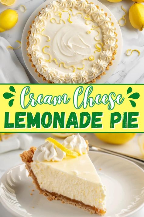 This cream cheese lemonade pie is the stuff dreams are made of! It's easy, no-bake, and guaranteed to please! Lemonade Cream Cheese Pie Recipe, No Bake Lemon Pie With Cream Cheese, No Bake Cream Cheese Lemonade Pie, Cream Cheese Lemonade Pie Recipe, Lemonade Pie No Bake Condensed Milk, No Bake Pies Recipes, Lemonade Cream Cheese Pie, Lemonade Pie No Bake, Cream Cheese Pie No Bake