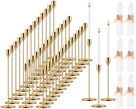 Wedding Candles And Bud Vases, Elegant Event Decor, Tall White Candles, Gold Candle Stick Holders, White Taper Candles, Stick Candle Holder, Gold Candlestick Holders, Table Centerpiece Wedding, Dripless Candles