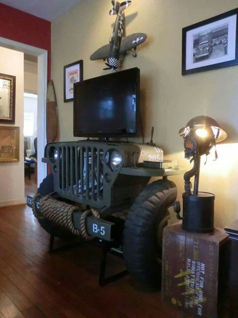 Car Part Furniture, Automotive Furniture, Car Furniture, Jeep Willys, Man Caves, Ford Parts, Man Cave Garage, Willys Jeep, Mounted Tv