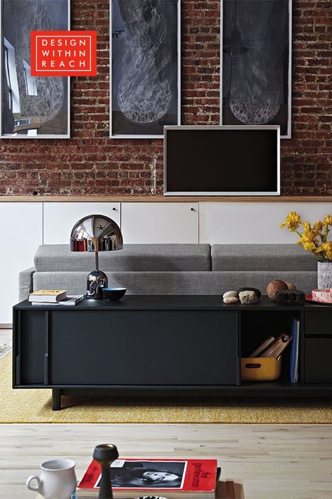 The Edel Credenza, in Ebonized Oak, includes five adjustable shelves, four drawers and a pullout media player shelf with removable leather liner. This is a sleek storage piece for the modern living room. New Modern Living Room, Media Unit Design, Modern Storage Furniture, Design Engineer, Credenza Design, Shelving Storage, Norm Architects, Small Space Solutions, Stylish Storage Solutions